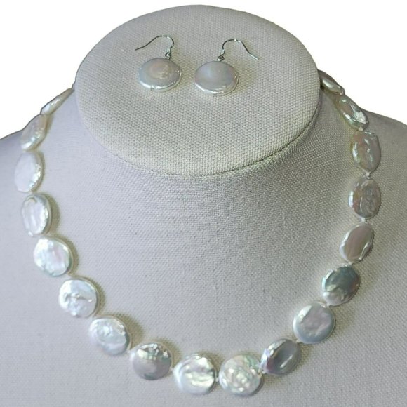 White Coin Cultured Freshwater Pearl Necklace And Earring Set 925S Clasp - Picture 1 of 16